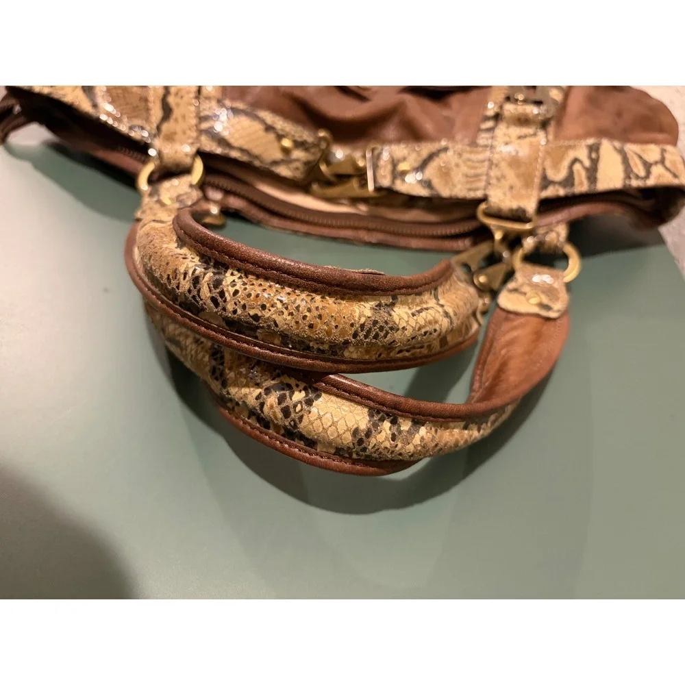 Kesslord Paris Brown Leather Snakeskin Trim Satchel Hobo Bag Brass Hardware